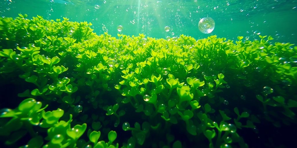Grüne Algen unter Wasser, lichtdurchflutet und lebendig.