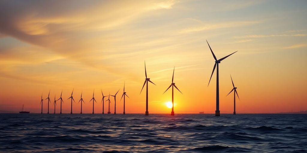 Offshore-Windkraftanlage bei Sonnenuntergang auf dem Wasser.