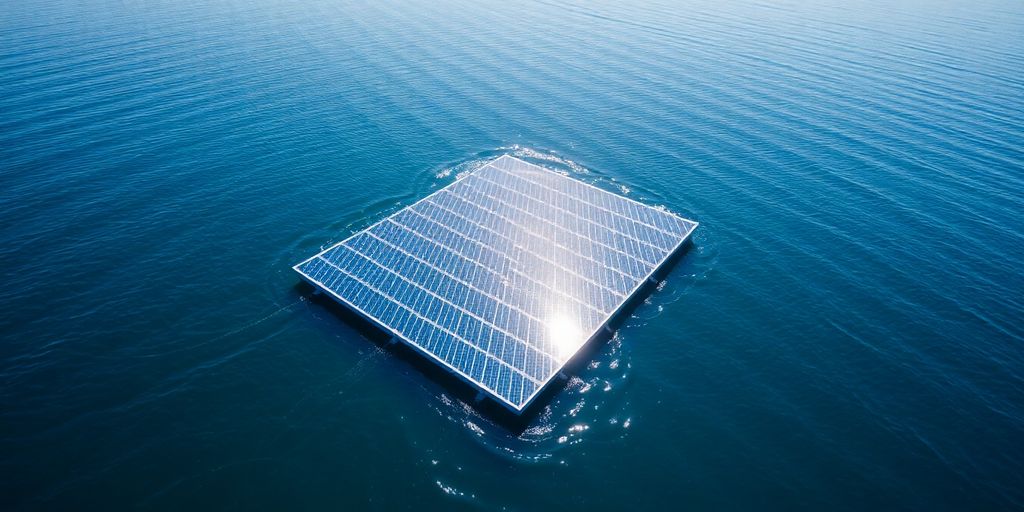 Schwimmende Solarpanels auf ruhigem Wasser mit Sonnenlicht.