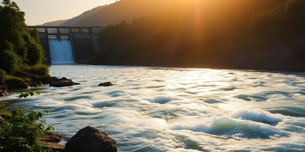 Flusslandschaft mit Wasserkraftwerk und grüner Umgebung.